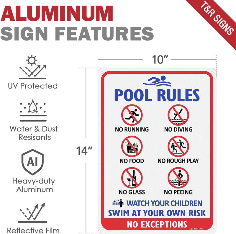 TR Pool Rules Sign with Symbols, No Diving, No Glass, No Food, No Peeing, Swim at Your Own Risk Sign - 2 Pack - 14"x10" .040 Rust Free Heavy Aluminum, Reflective, Waterproof and Fade Resistant, 4 pre-drilled holes, Easy to Mount - Image 2